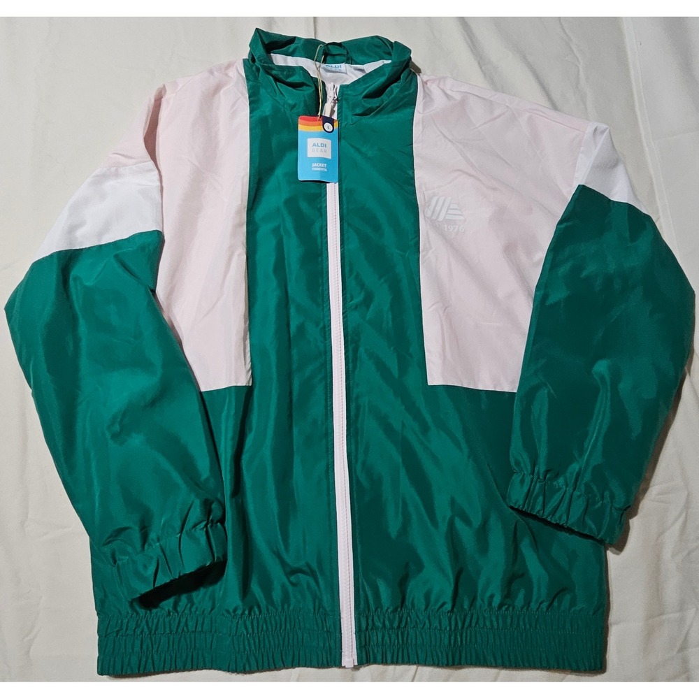 Aldi Gear Windbreaker Jacket Womens Large Green Pink Colorblock Zip Up New